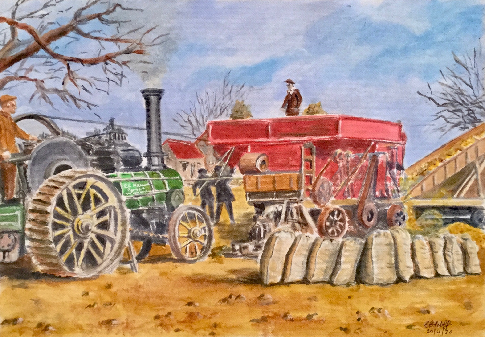 painting of a vintage country scene steam engine and farming machinery