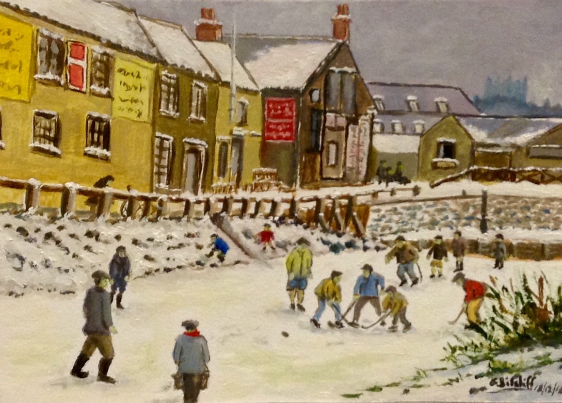 ice skating on a frozen water course with houses nearby